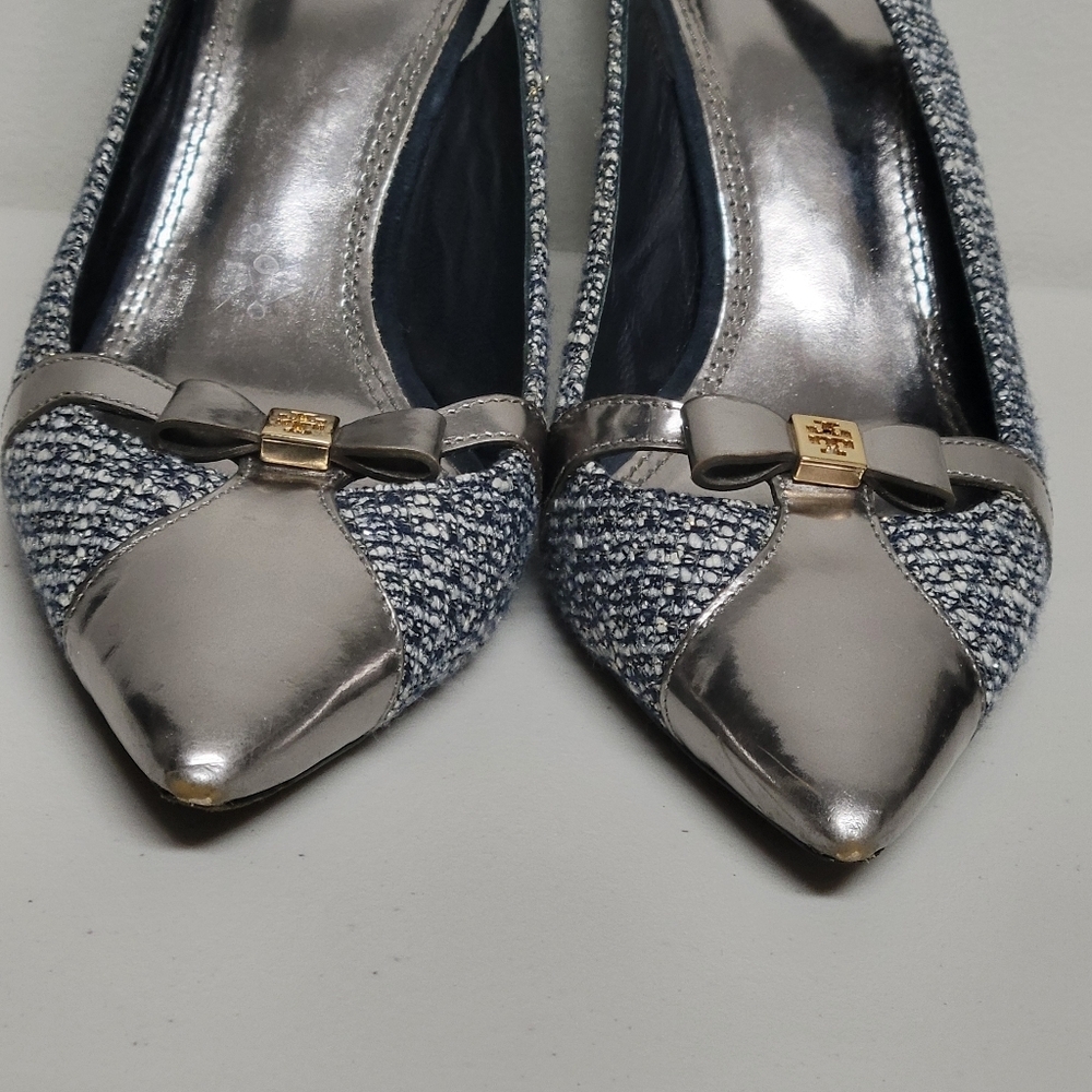 Tory Burch Tweed Metallic Bow Detail Pointy Toe Sling Back Heels. - Picture 7 of 16